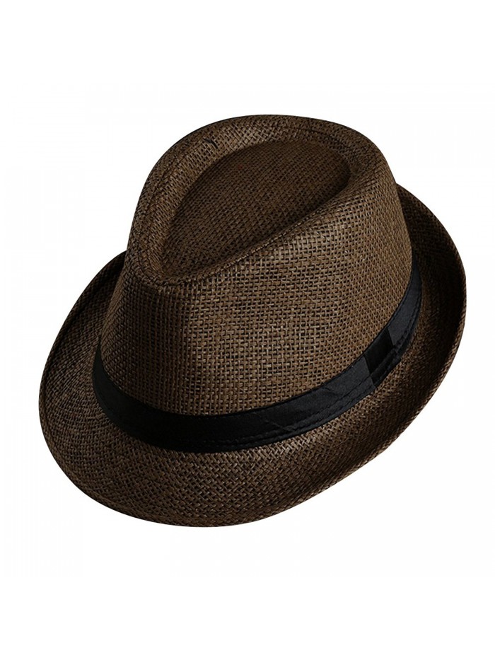 FUNOC Men's Short Brim Straw Fedoras Panama Hat - Coffee - C412JFNO32P