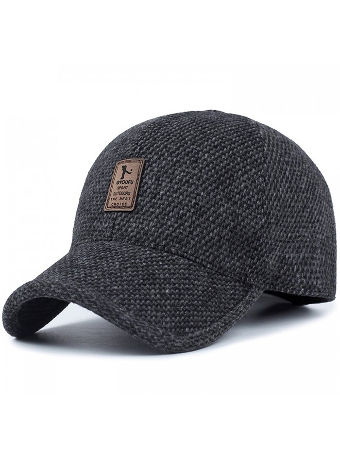 VoilaLove Men's Winter Warm Wool Woolen Tweed Peaked Baseball Cap Hat With Fold Earmuffs Warmer - Black - C0188X523AY