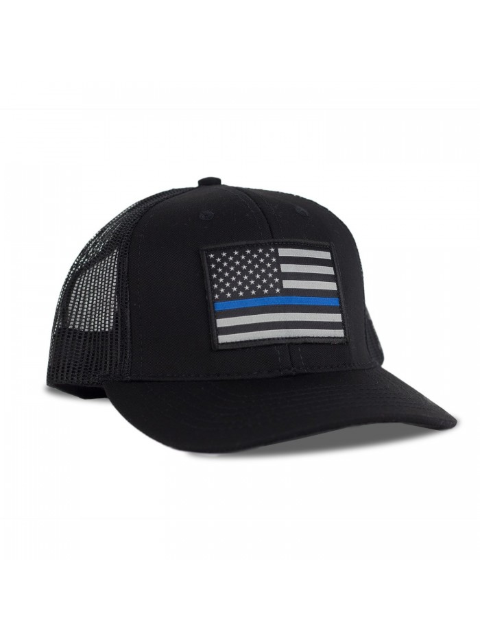 Hoo-Rag Thin Blue Line American Flag Flexfit Hat - Snapback Mesh Trucker - CZ12FOV0KXD