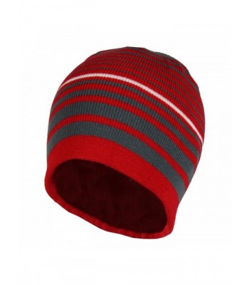 2 in 1 Reversible Striped & Solid Knit Beanie Hat - Winter Snug Fit Skull Cap - Red/Grey - CN186409H26