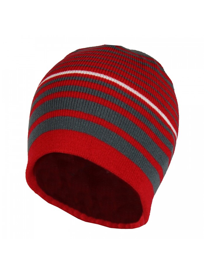 2 in 1 Reversible Striped & Solid Knit Beanie Hat - Winter Snug Fit Skull Cap - Red/Grey - CN186409H26