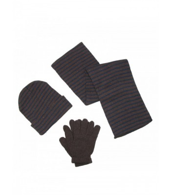 CTM Men's Knit Striped Hat Gloves and Scarf Winter Set - Brown With Navy - CY11HHZBFOD