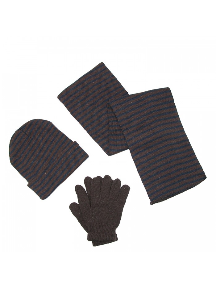 CTM Men's Knit Striped Hat Gloves and Scarf Winter Set - Brown With Navy - CY11HHZBFOD