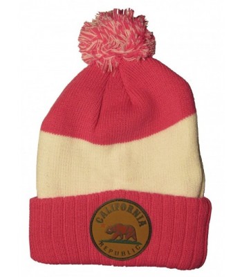 California Republic with Bear Striped Winter Knit Hat Pom Pom Beanie Hat with Cuff - Hot Pink / Black - C011Q2FIT57