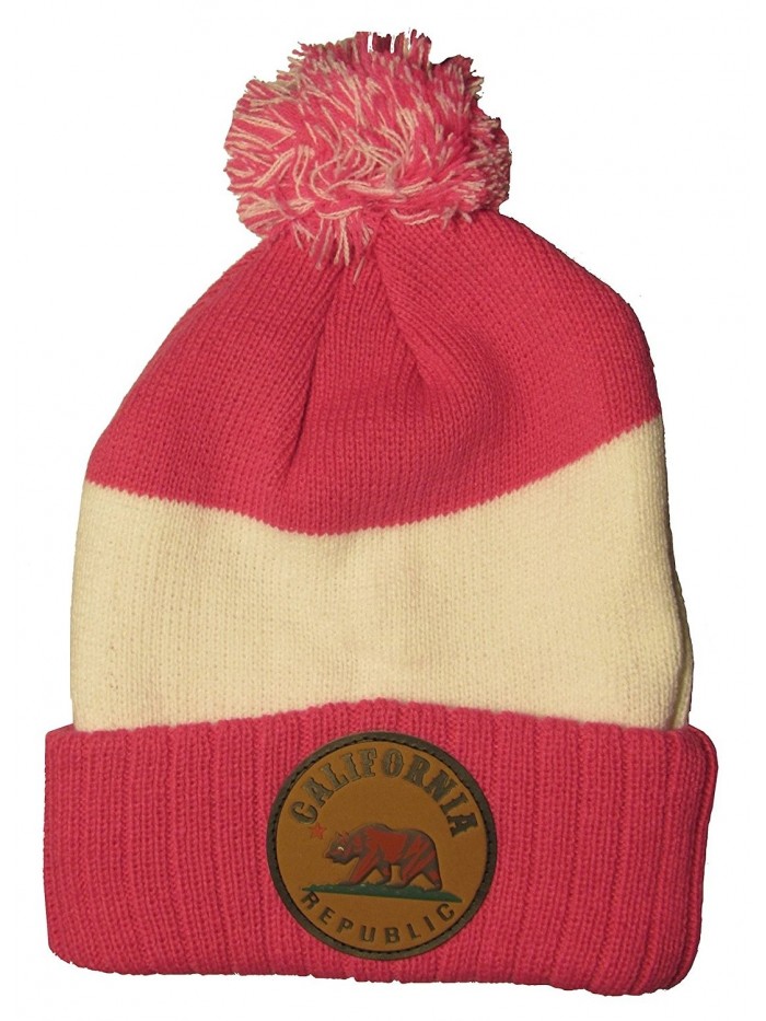 California Republic with Bear Striped Winter Knit Hat Pom Pom Beanie Hat with Cuff - Hot Pink / Black - C011Q2FIT57