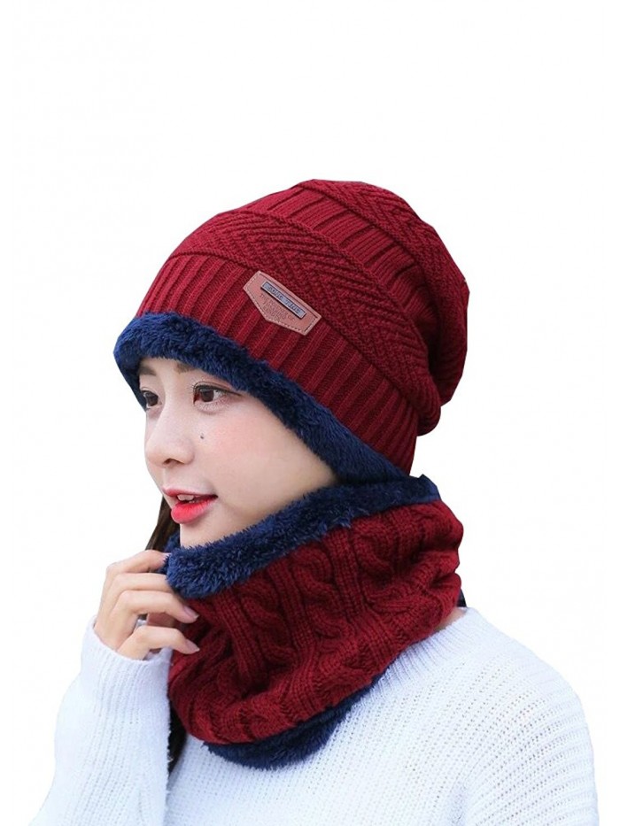 Wicky LS Unisex Winter Knitted Cap Warm Beanie Hat With Neck Gaiter - Women-wine Red - CR186DA6HTI