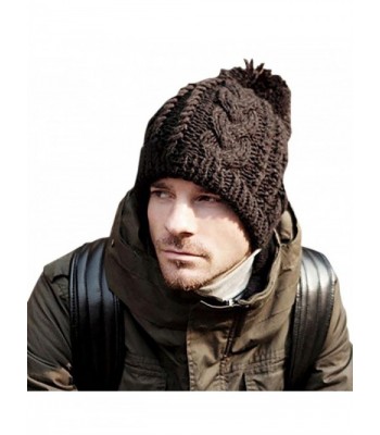 Veenajo Men / Women Winter Hand Knit Faux Fur Pompoms Slouchy Beanie Hat - Brown - CK12O6H7QTA