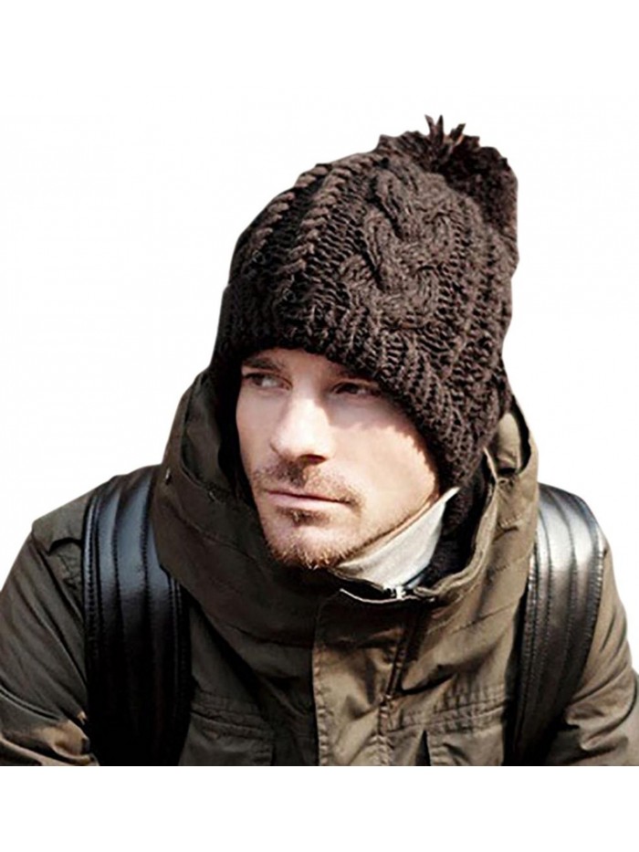 Veenajo Men / Women Winter Hand Knit Faux Fur Pompoms Slouchy Beanie Hat - Brown - CK12O6H7QTA