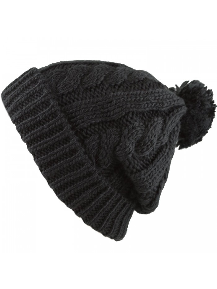 THE HAT DEPOT Winter Unisex Thick and Warm Pom Pom Fleece Lined Skully Knit Beanie Hat - Black - C4127DIDIL1