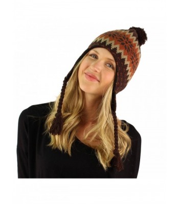 Winter Snowflake Tassel Tie Pompom Fleece Lined Knit Trapper Ski Cap Hat - Brown - CF1174HTNSJ