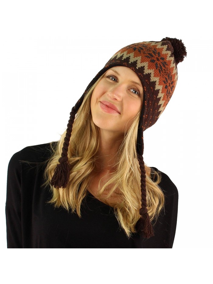 Winter Snowflake Tassel Tie Pompom Fleece Lined Knit Trapper Ski Cap Hat - Brown - CF1174HTNSJ