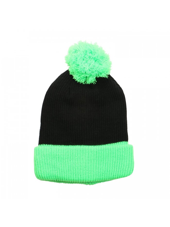 The Two Tone Thick Knitted Cuffed Winter Pom Beanie - Black/Neon Green - C011SFY8FIJ