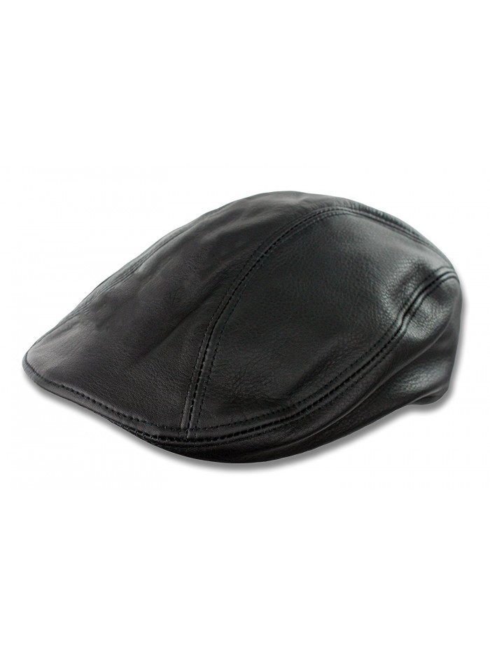 Black Oiled Leather Newsboy Hat - Black - CB12O0SLHHE