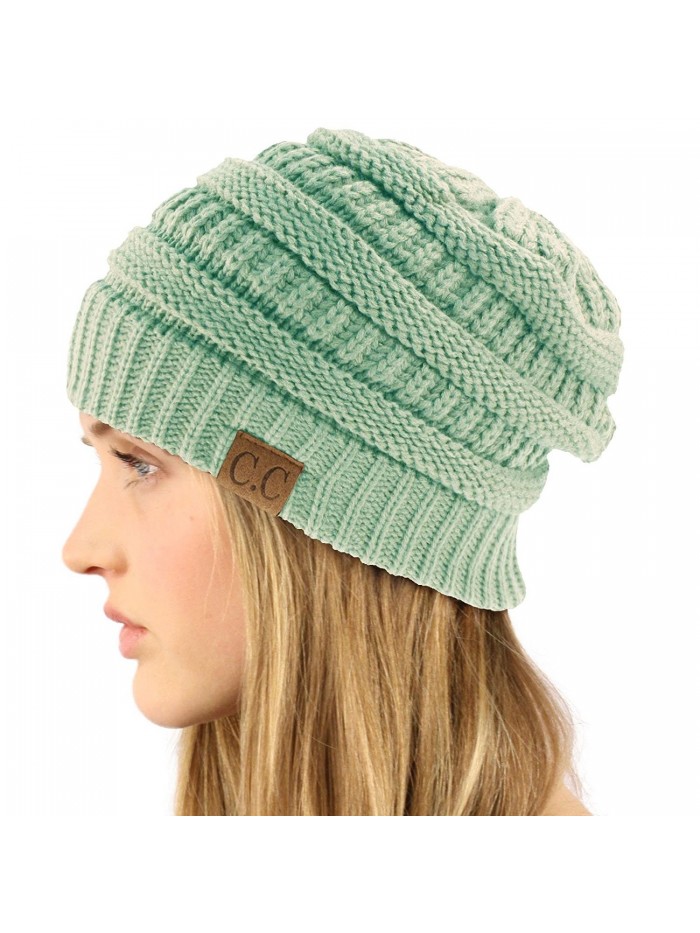 Unisex Winter Chunky Soft Stretch Cable Knit Slouch Beanie Skully Ski Hat - Mint - CF11KMGJ9B5