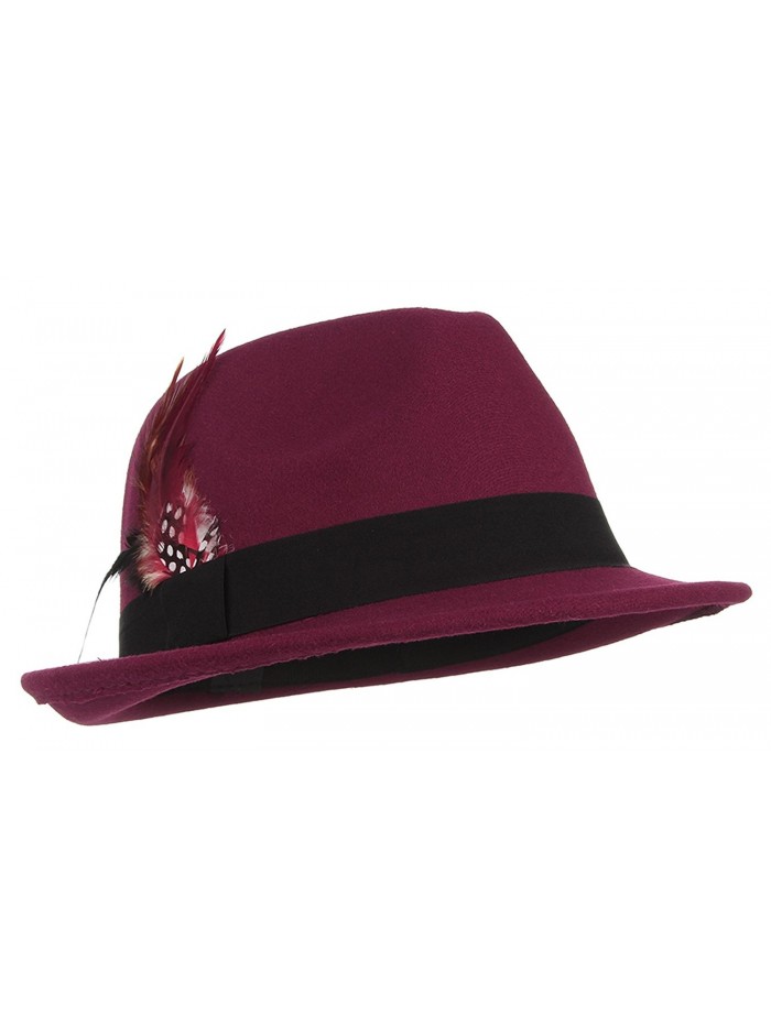Gemvie Men's Warm Woolen Crushable Feather Gangster Trilby Dent Fedora Hat - Purple Red - C1187CRLS0U