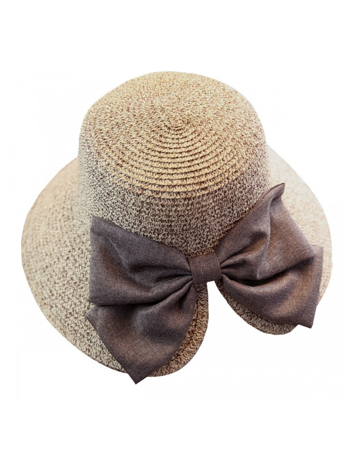 Aisa Foldable Bowknot Straw Hat Cap Wide Brim Beach Sun Visor for Women Girls - Khaki - CX12HER262X