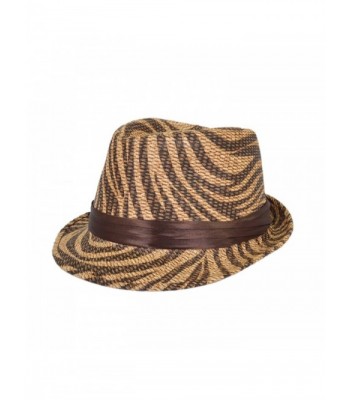 Dark Brown Zebra Print Ribbon Band Fedora Straw Hat - C9116NFQZ43