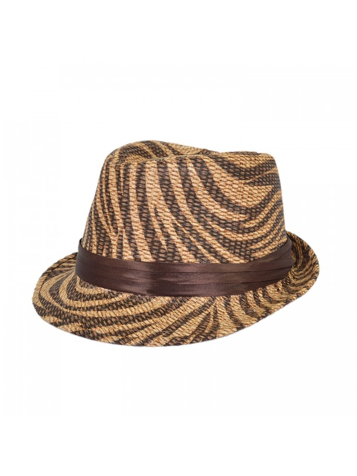 Dark Brown Zebra Print Ribbon Band Fedora Straw Hat - C9116NFQZ43