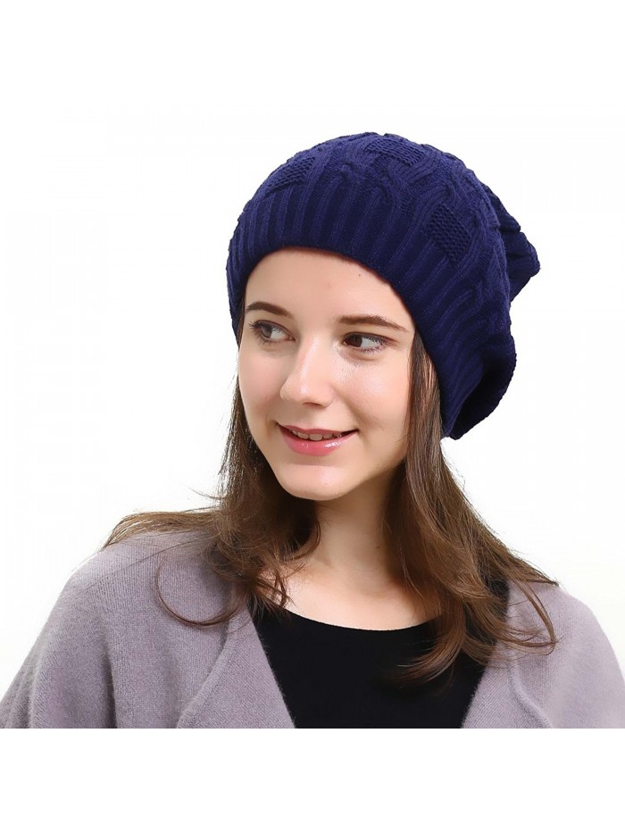 Slouchy Beanie Winter Ski Baggy Hat Double Layer Soft Oversized Cable Knit Cap - Navy - CA1867E6UKN