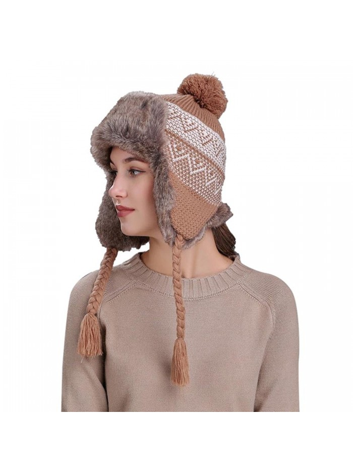 HHei_k Women Thick Knit Wool Hat- New Winter Warm Flaps Snow Ski Female Beanie Cap - Khaki - CR187R63GTA