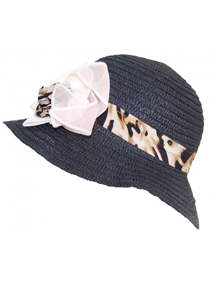 Women's Paper Straw Summer Sun Hat With Animal Print Ribbon Flower (One Size) - Black - CD11KNGM079