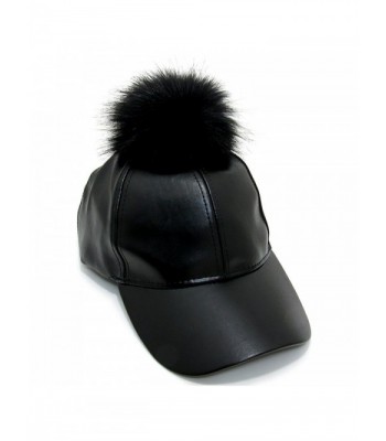 Women's Faux Leather Fur Pom Pom Adjustable Baseball Cap PM3041 - Black + Black - CE12BI0W113