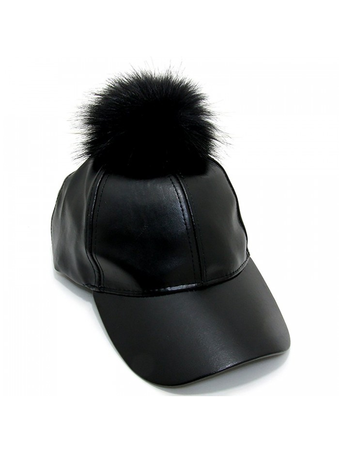 Women's Faux Leather Fur Pom Pom Adjustable Baseball Cap PM3041 - Black + Black - CE12BI0W113