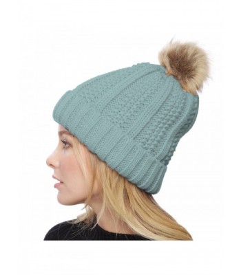 APPARELISM Women's Winter Thick Knitted Plush Lining Pom Pom Beanie Hat. - Light Blue - C3186X7OWG4