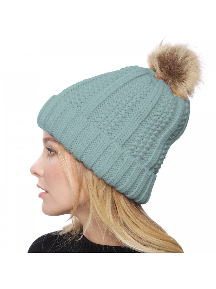 APPARELISM Women's Winter Thick Knitted Plush Lining Pom Pom Beanie Hat. - Light Blue - C3186X7OWG4