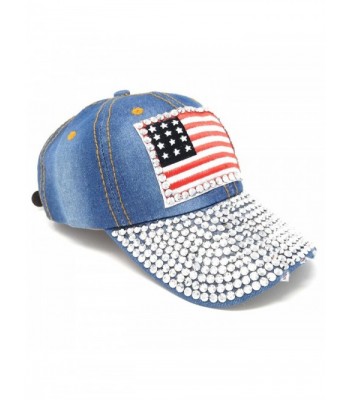 USA Washed Denim Baseball Hat- Rhinestone Studded American Flag Adjustable Cap - Light Wash - CU122K4AEZZ