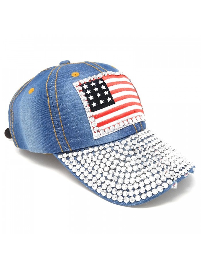 USA Washed Denim Baseball Hat- Rhinestone Studded American Flag Adjustable Cap - Light Wash - CU122K4AEZZ