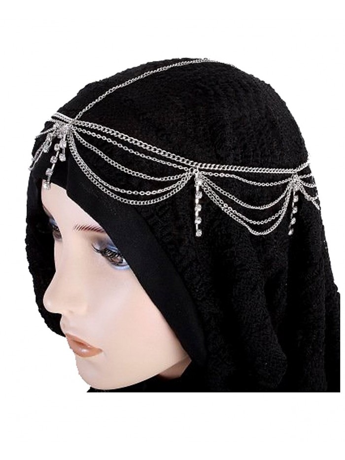 Hair Accessory Silvertone Rhinestone Tassel Head Chain Hairband (Style IHC1000-SIL) - C311C5QOMH1