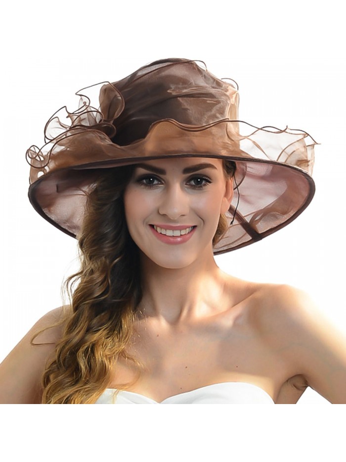 Women Church Kentucky Derby Hat Organza Wide Brim Hat (Brown) - C012BTOKQA5