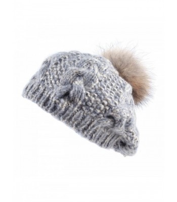 Women warm Knitting Cuffed Fluffy Pom Pom Beret Beanie - Grey - CQ12O7EB69W