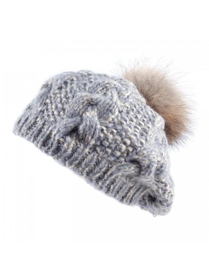 Women warm Knitting Cuffed Fluffy Pom Pom Beret Beanie - Grey - CQ12O7EB69W