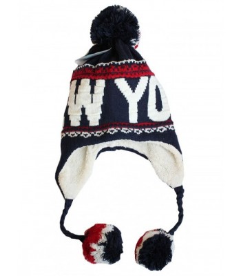 Robin Ruth New York Winter Pom Pom Fleeced Warm Embroidery Beanie Hat - Navy White Red - CF120CV6T03