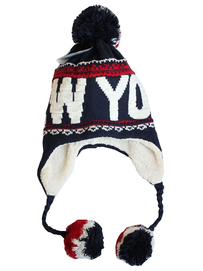 Robin Ruth New York Winter Pom Pom Fleeced Warm Embroidery Beanie Hat - Navy White Red - CF120CV6T03