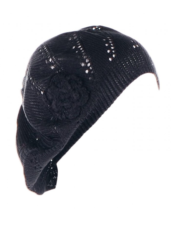 Be Your Own Style BYOS Chic Parisian Cutout Lightweight Crochet Beret Beanie Hat W/Flower - Swirl Black - C012MWV2727