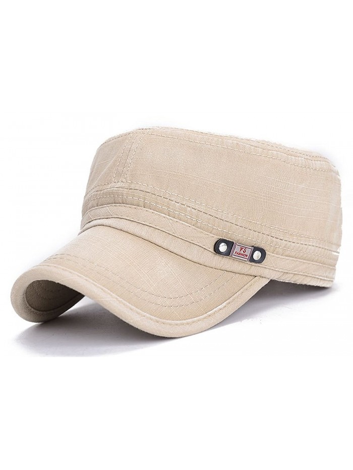 ChezAbbey Adjustable Flat Top Cap Solid Brim Army Cadet Style Military Hat - Beige - CK17YHI4X6X