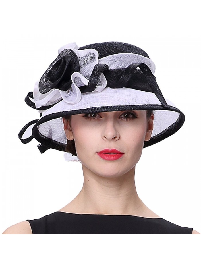 June's Young Women Hats Summer Hat Beautiful Ribbons 2 Tone Colors - White/Black - C512F6KE137