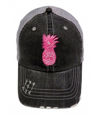 Embroidered Pink Pineapple Distressed Look Grey Trucker Cap Beach Tropical - CL185QD0DXW