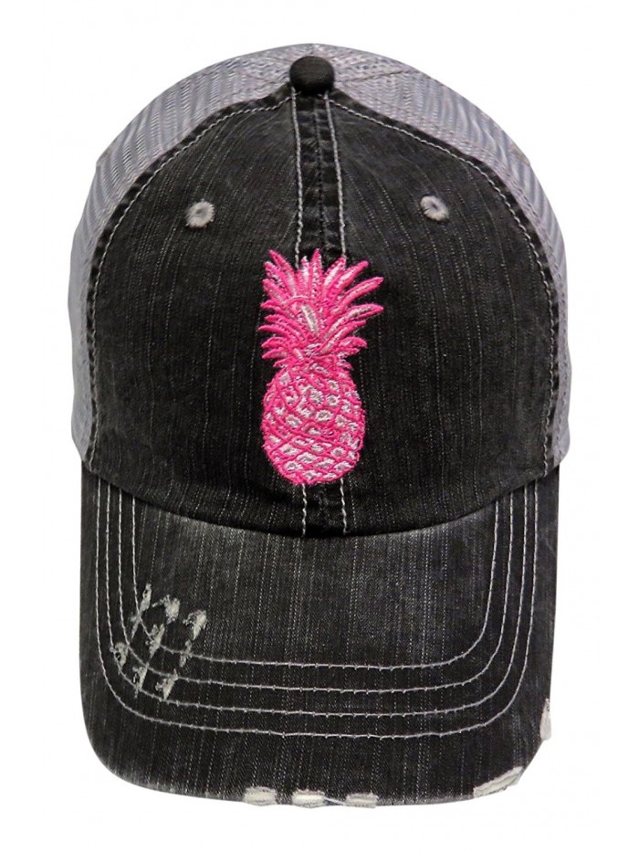 Embroidered Pink Pineapple Distressed Look Grey Trucker Cap Beach Tropical - CL185QD0DXW