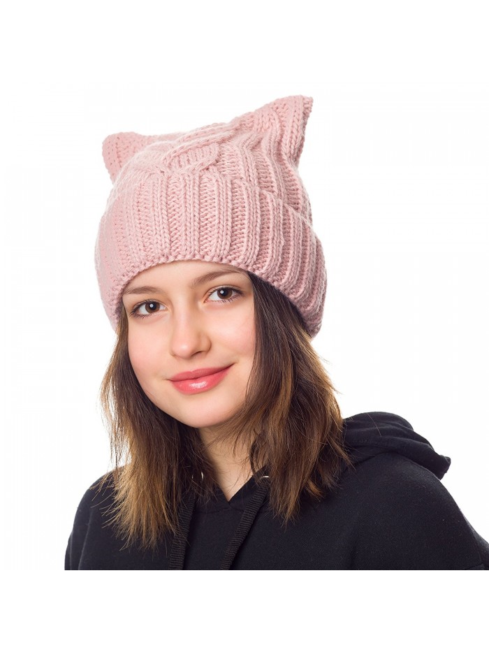 Pussy Cat Hat Women`s March-Cat Beanie Pink-Winter Hat For Women Lined With Fleece (Hot Pink) - Powder Pink - CE189GMYUCU