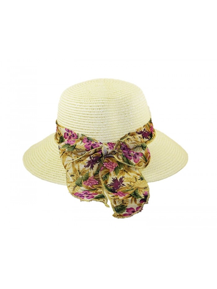 Womens fashion summer hat folding travel beach hat with wide floral bow - Off White - CX12H3MZKPJ