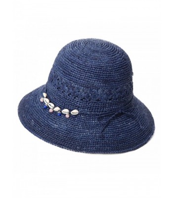 SIGGI Womens 100% Raffia Straw Crochet Hat Foldable UPF Seashell/Bow Decoration - 89306_navy - CU17XXR55GI