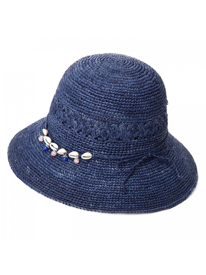 SIGGI Womens 100% Raffia Straw Crochet Hat Foldable UPF Seashell/Bow Decoration - 89306_navy - CU17XXR55GI