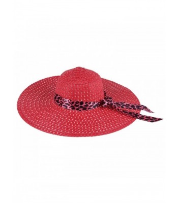 JTC Big Straw Hats Wide Brim Leopard Ribbon 12 Colors - Red - CY122LMWLDF