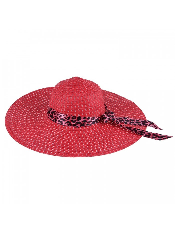 JTC Big Straw Hats Wide Brim Leopard Ribbon 12 Colors - Red - CY122LMWLDF