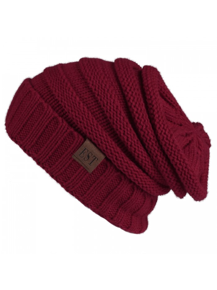 Eternities Unisex Warm Chunky Stretch Cable Thick Knit Slouchy Beanie hat Skull Cap - Claret Red - CE1872OHCT6
