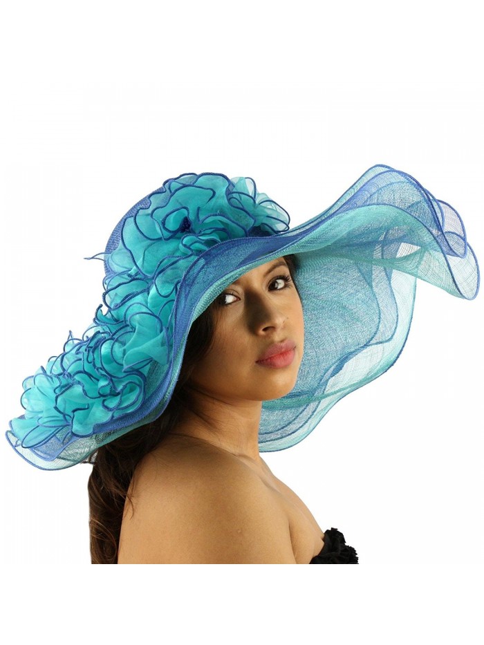 Summer Ruffle Floral Kentucky Derby 7" Wide Brim Layer Floppy Floral Hat - Blue - C711JHWSYVV